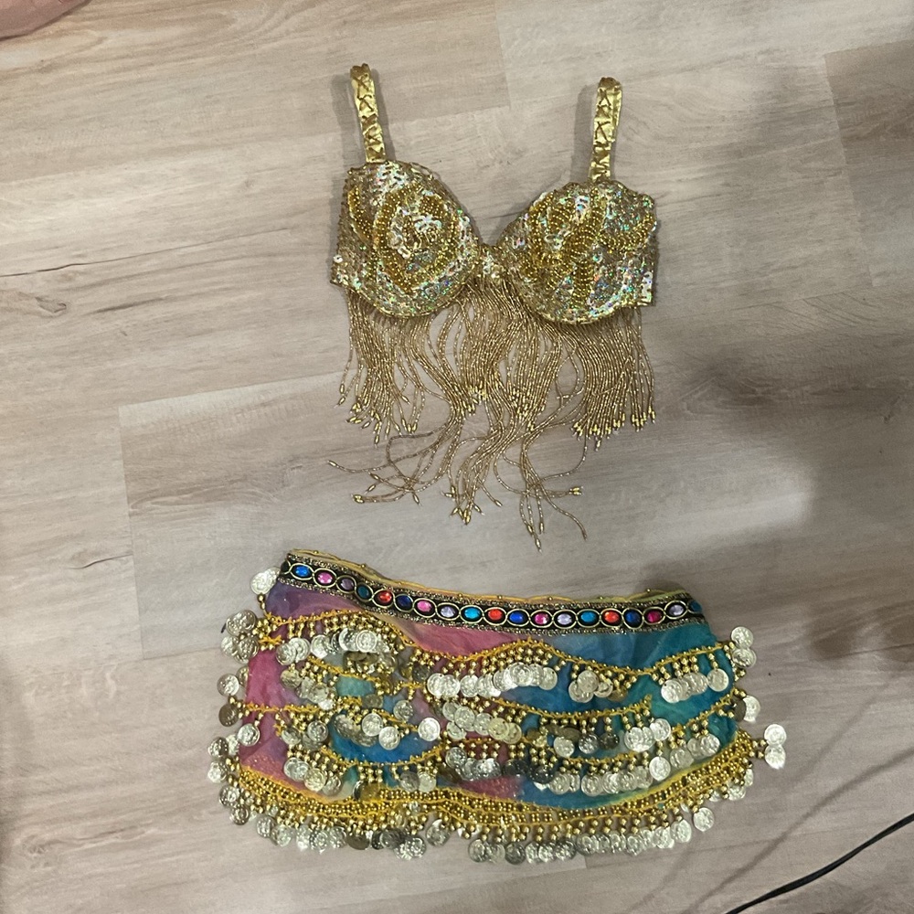 Gold Multicolor sequin authentic Belly Dance 2 piece set coins beadwork fringe